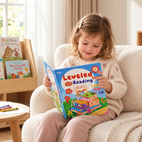 Child pressing a word in the Leveled Reading Sound Book